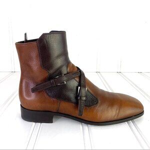 PRADA SAFFIANO BROWN SHOE  2 TONE POLISH LEATHER ANKLE BOOTS BLOCK STRAPPY MEN 6